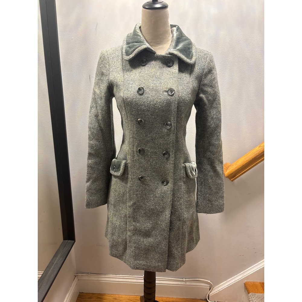 Katherine Barclay Tweed Coat Womens 4 Grey Blue Velvet Trim Double Breasted